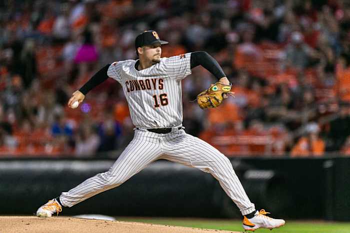 Victor Mederos (16) pitches as the Oklahoma Sooners take on the Oklahoma State Cowboys at O'Brate Stadium on OSU campus in Stillwater on Saturday, April 9, 2022.
